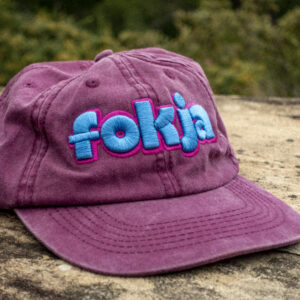 Faded maroon dad cap displaying the word "fokja" in the "okja" font. New cap, funny cap, camper cap, washed cotton, Irony, Humor, meme, Brass clasp.